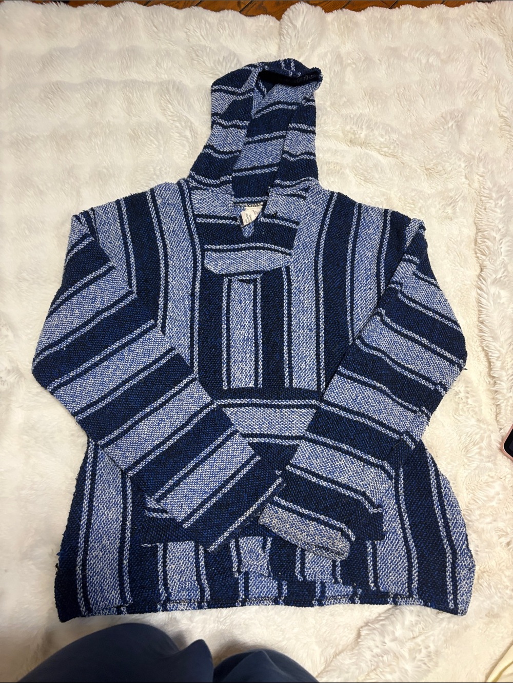 Striped Navy and Light Blue Hooded Turtleneck Sweater